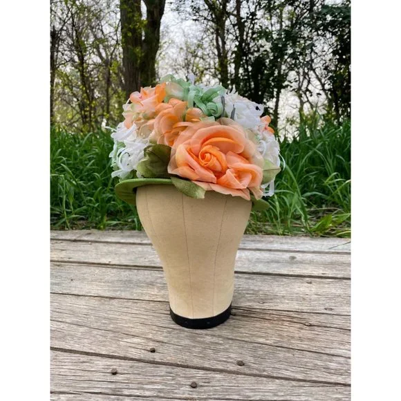 Vintage 1960s Millinery Flower Bucket Hat Peach and Green